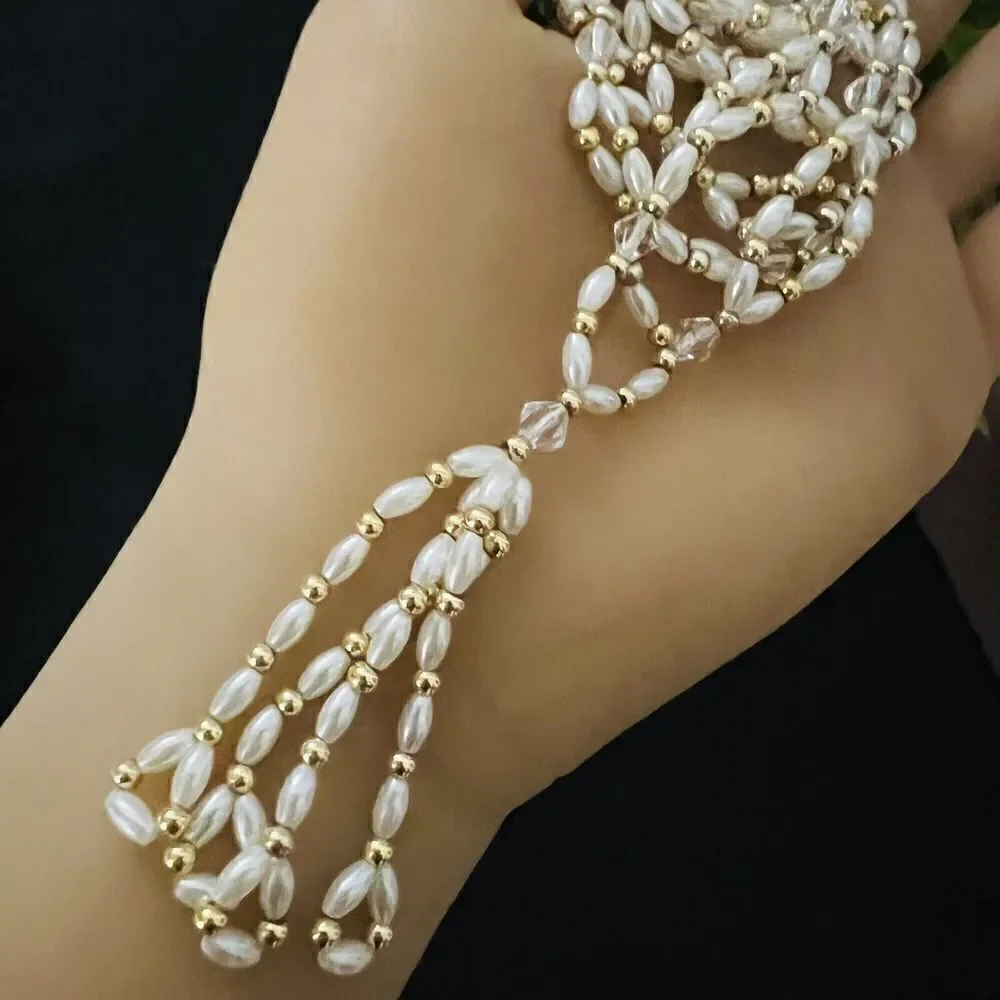 Vintage Multi Faux Seed Pearls Gold Beads Tassel Beaded Necklace  1086